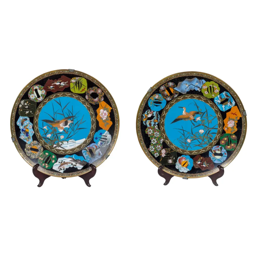 An Exquisite Large Pair of Meiji Period Cloisonné Enamel Plates with Tsubas