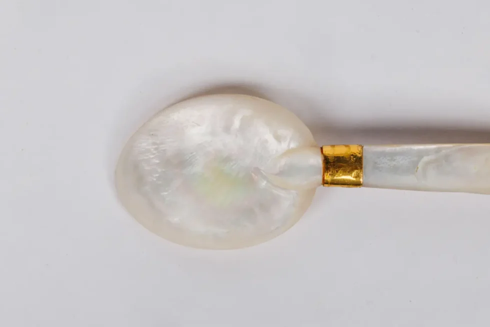 A Rare Mughal Indian Gold and Enamel Mother of Pearl Spoon with Diamonds - Image 5