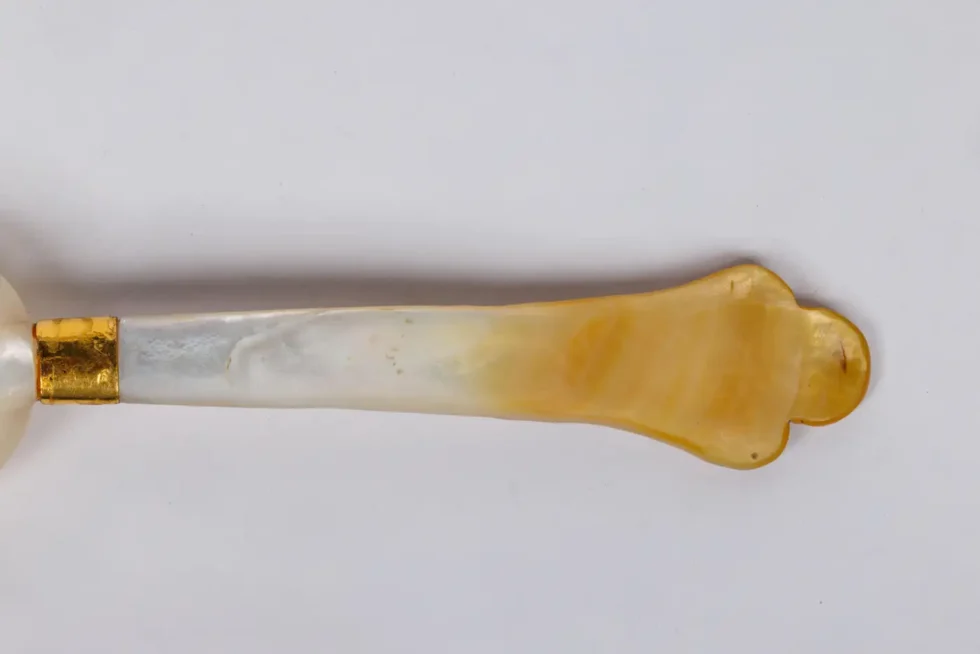 A Rare Mughal Indian Gold and Enamel Mother of Pearl Spoon with Diamonds - Image 4