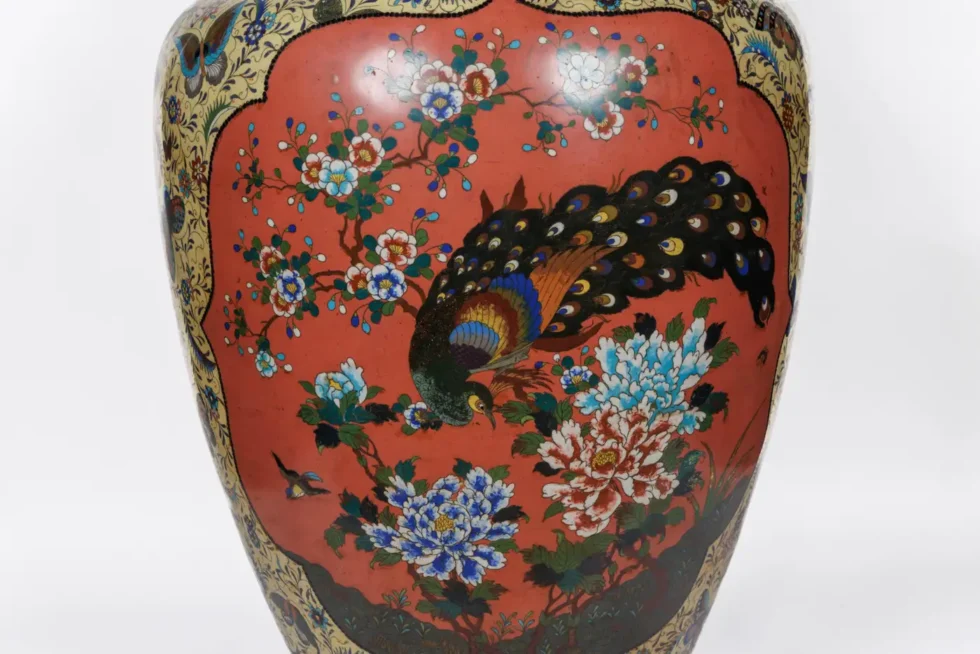A Palatial Meiji Cloisonné Pink & Yellow Enamel Covered Jar with Butterflies - Image 2