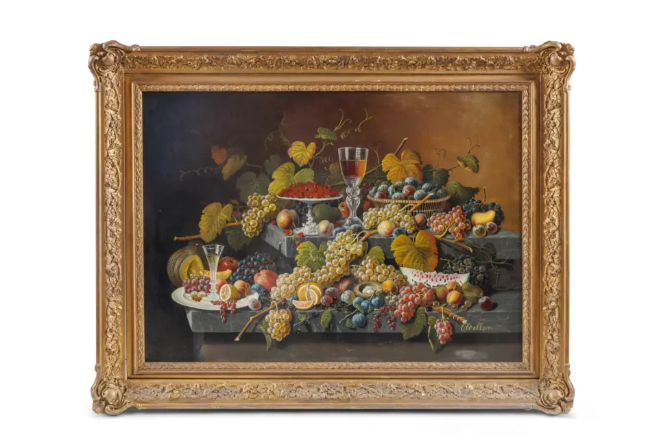 An Exceptional Two-Tiered Fruit Still Life Oil Painting, by Mary Mellen, C. 1850