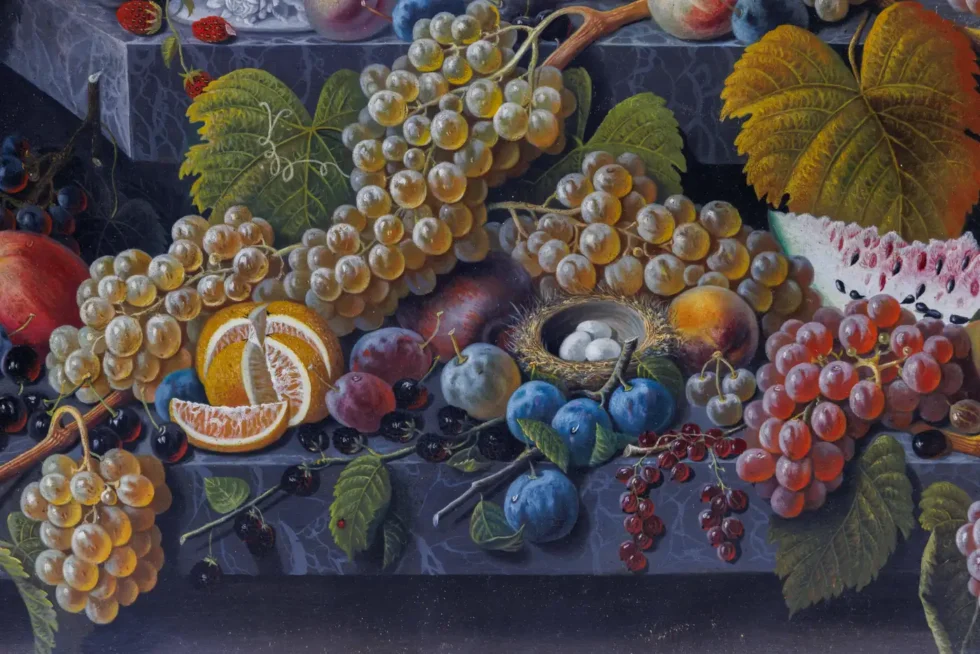 An Exceptional Two-Tiered Fruit Still Life Oil Painting, by Mary Mellen, C. 1850 - Image 9