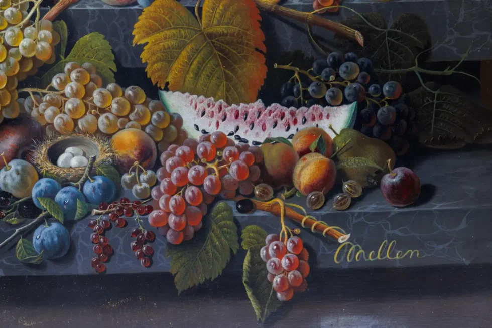 An Exceptional Two-Tiered Fruit Still Life Oil Painting, by Mary Mellen, C. 1850 - Image 8
