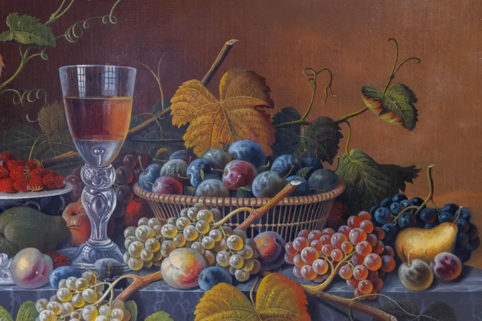 An Exceptional Two-Tiered Fruit Still Life Oil Painting, by Mary Mellen, C. 1850 - Image 7