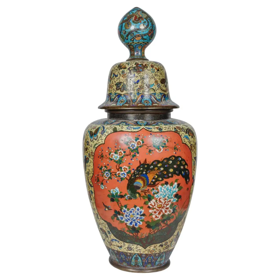 A Palatial Meiji Cloisonné Pink & Yellow Enamel Covered Jar with Butterflies
