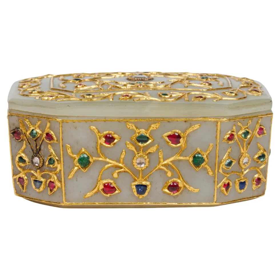 An Imperial Mughal Gold Jade Box Set With Diamonds and Semi Precious Stones