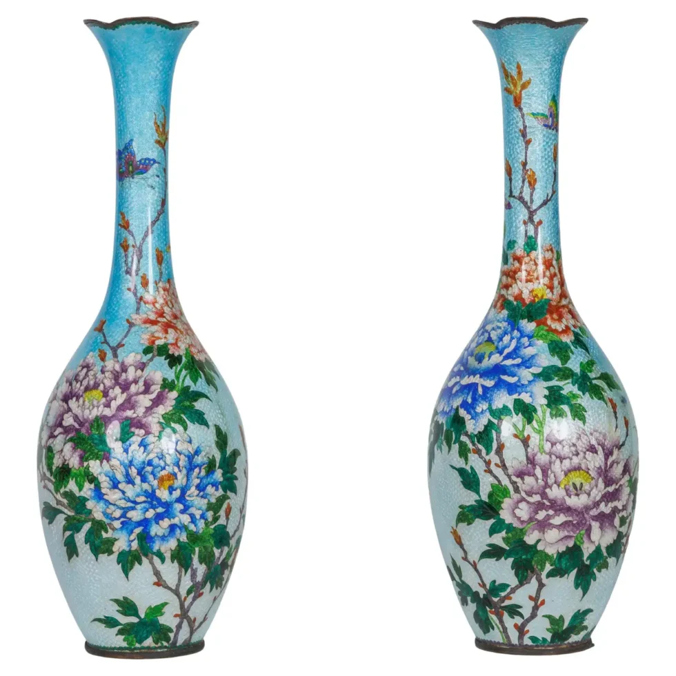 An Exquisite and Large Pair of Meiji Japanese Ginbari Cloisonne Enamel Vases
