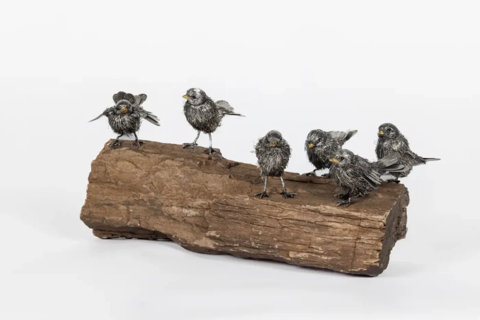 Adorable Family of Six Buccellati Sterling Silver Furry Chicks on Petrified Wood - Image 15
