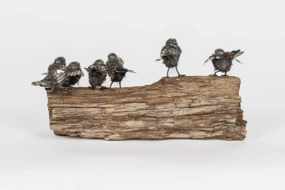 Adorable Family of Six Buccellati Sterling Silver Furry Chicks on Petrified Wood - Image 14