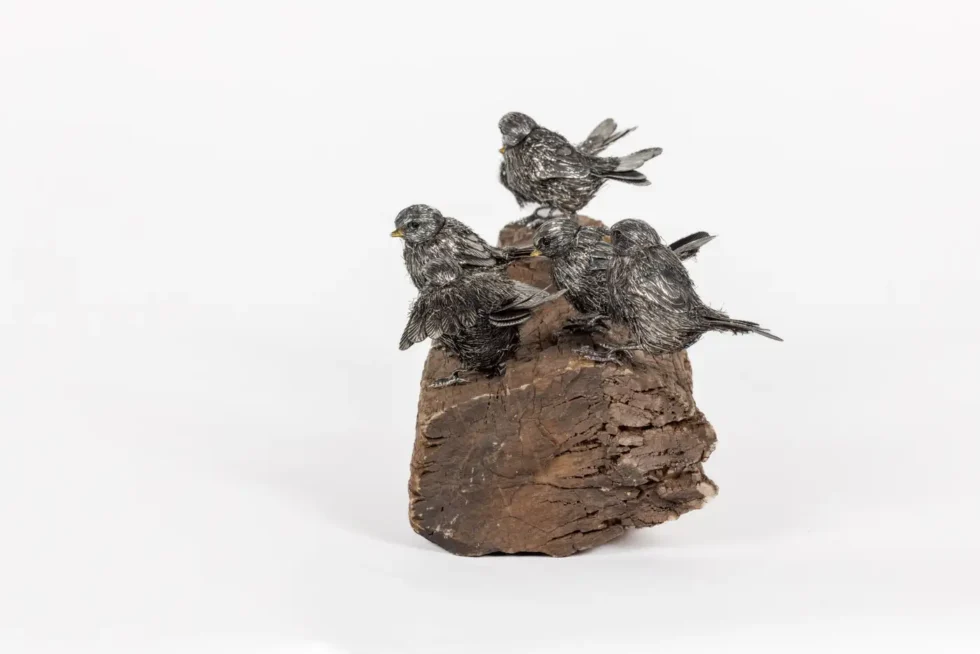 Adorable Family of Six Buccellati Sterling Silver Furry Chicks on Petrified Wood - Image 13