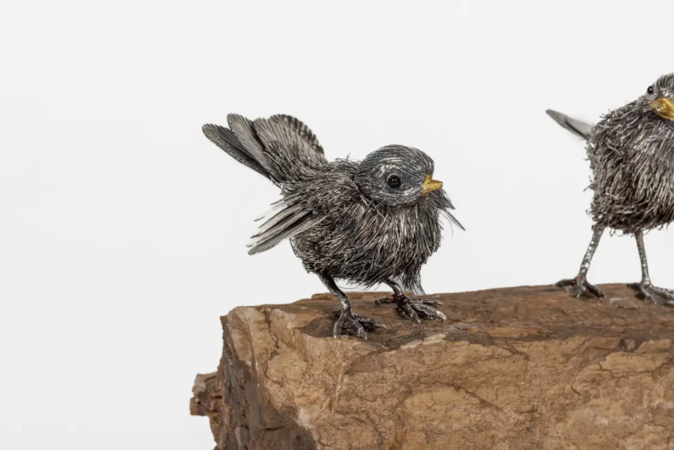 Adorable Family of Six Buccellati Sterling Silver Furry Chicks on Petrified Wood - Image 11