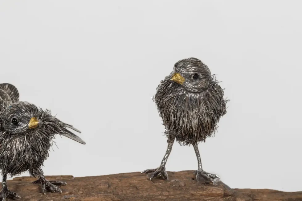 Adorable Family of Six Buccellati Sterling Silver Furry Chicks on Petrified Wood - Image 10