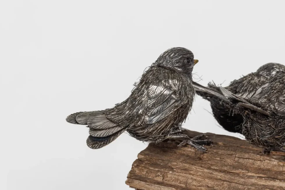 Adorable Family of Six Buccellati Sterling Silver Furry Chicks on Petrified Wood - Image 9