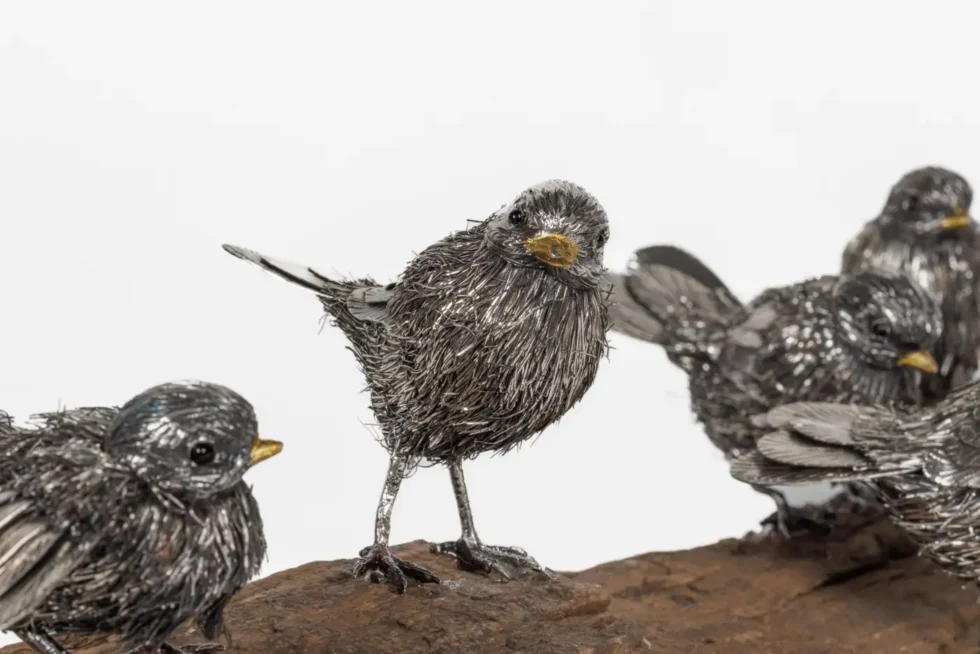 Adorable Family of Six Buccellati Sterling Silver Furry Chicks on Petrified Wood - Image 8