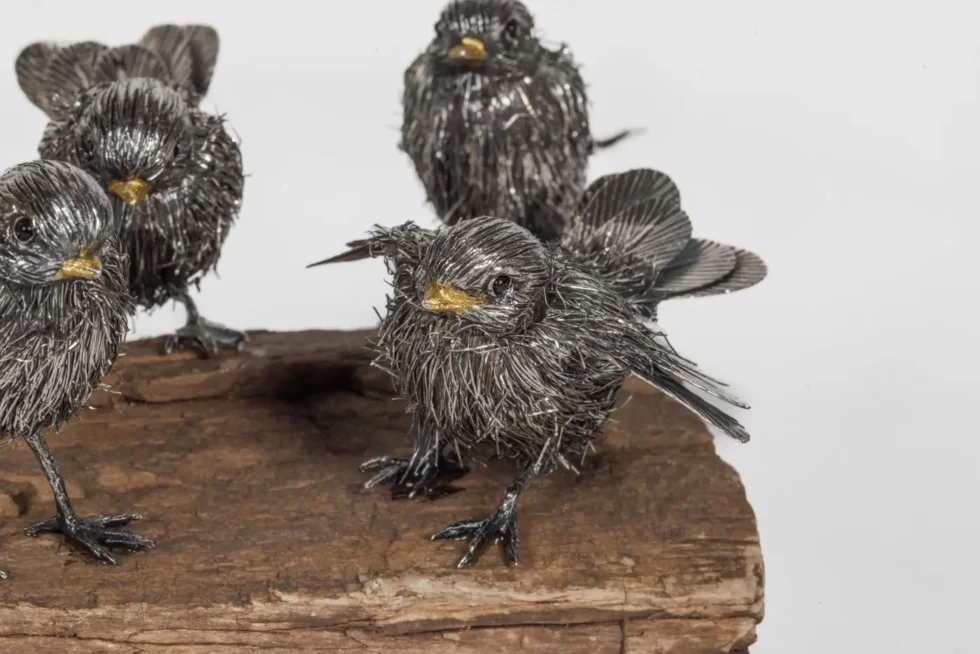 Adorable Family of Six Buccellati Sterling Silver Furry Chicks on Petrified Wood - Image 7