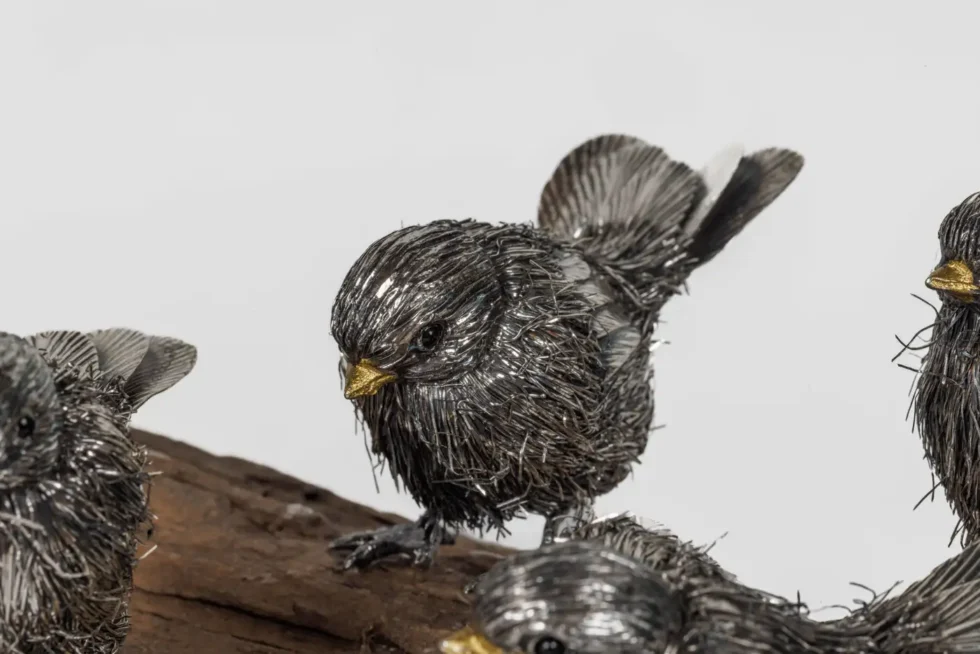 Adorable Family of Six Buccellati Sterling Silver Furry Chicks on Petrified Wood - Image 6