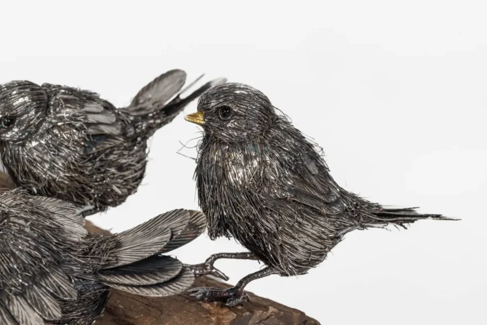 Adorable Family of Six Buccellati Sterling Silver Furry Chicks on Petrified Wood - Image 5