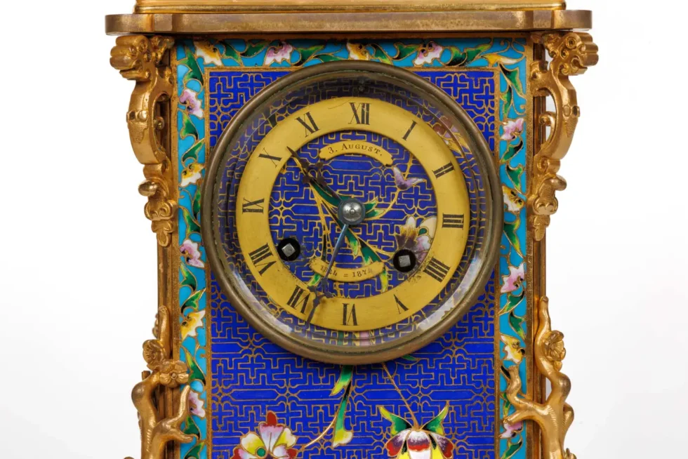 An Exceptional French Japonisme Ormolu and Champleve Enamel Five Piece Clock Set - Image 14