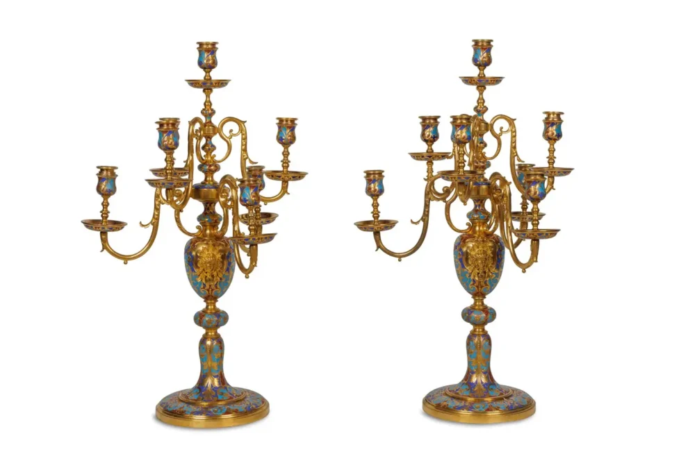 An Exceptional Suite of Champleve Enamel Ormolu Candelabra by Sevin, Barbedienne - Image 19