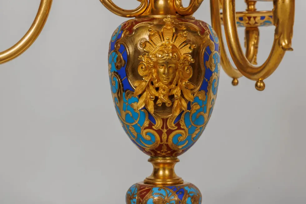 An Exceptional Suite of Champleve Enamel Ormolu Candelabra by Sevin, Barbedienne - Image 17