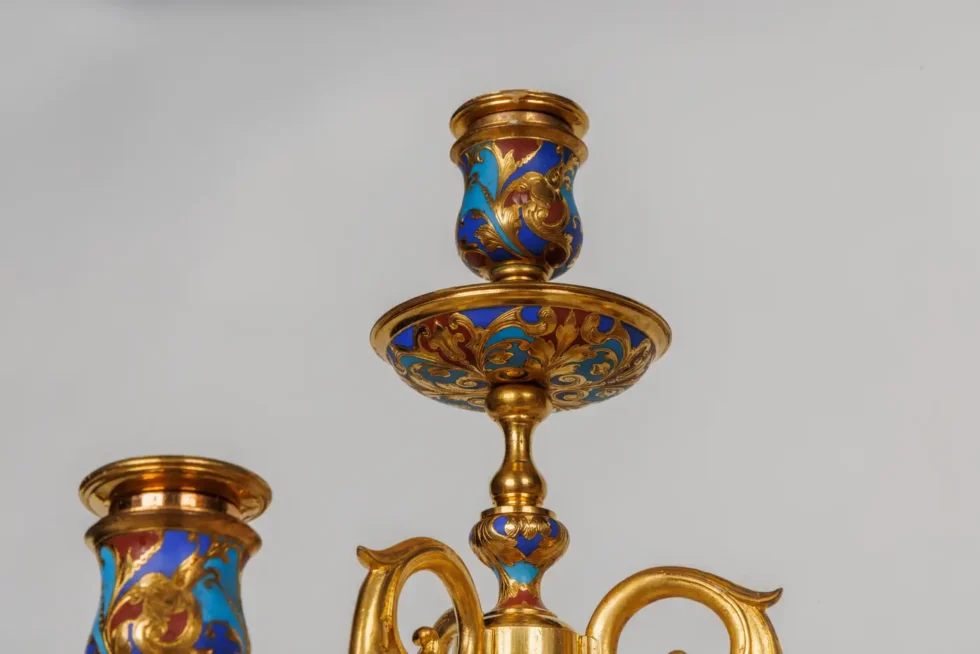 An Exceptional Suite of Champleve Enamel Ormolu Candelabra by Sevin, Barbedienne - Image 15