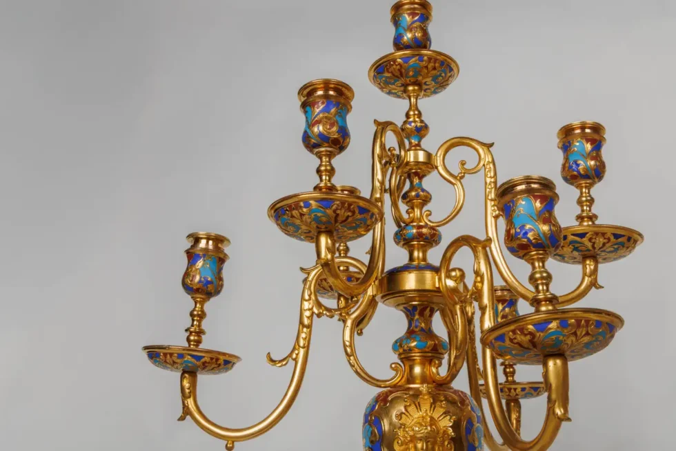 An Exceptional Suite of Champleve Enamel Ormolu Candelabra by Sevin, Barbedienne - Image 14