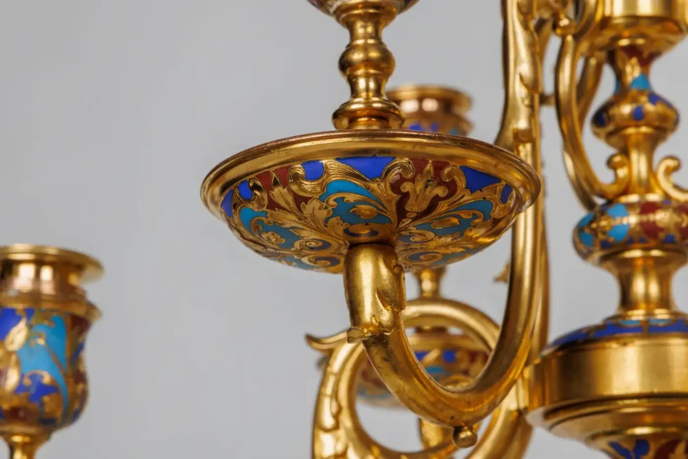 An Exceptional Suite of Champleve Enamel Ormolu Candelabra by Sevin, Barbedienne - Image 13