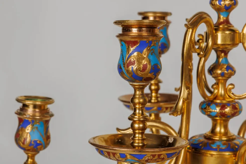 An Exceptional Suite of Champleve Enamel Ormolu Candelabra by Sevin, Barbedienne - Image 12