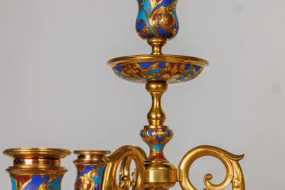 An Exceptional Suite of Champleve Enamel Ormolu Candelabra by Sevin, Barbedienne - Image 11