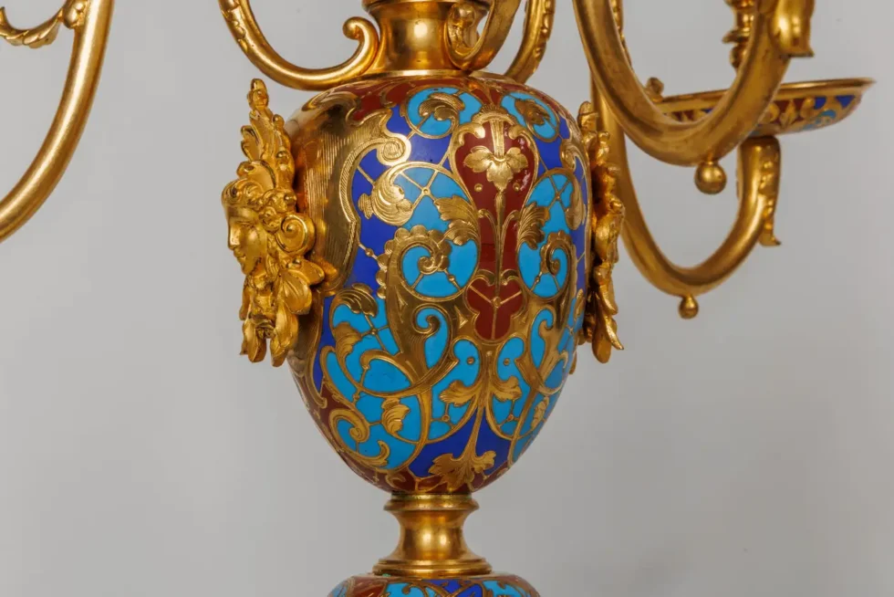 An Exceptional Suite of Champleve Enamel Ormolu Candelabra by Sevin, Barbedienne - Image 10