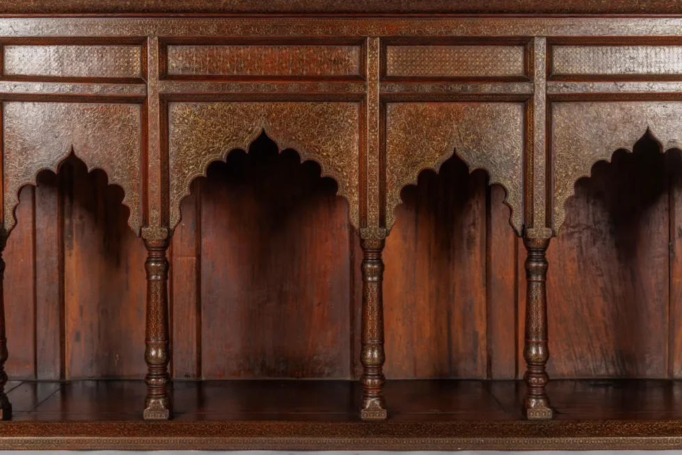 A Large Indian Architectural Gold Wire-Inlaid Wall-Hanging Cabinet Facade - Image 12