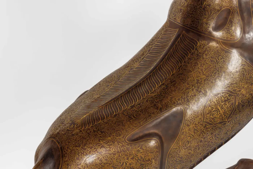 An Exceptional Life-Size Middle Eastern Gold-Inlaid Steel Deer Sculpture - Image 7