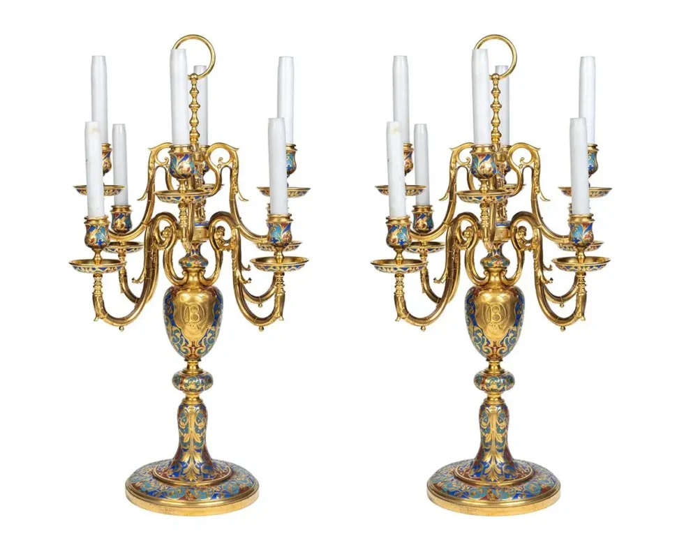 An Exceptional Suite of Champleve Enamel Ormolu Candelabra by Sevin, Barbedienne - Image 9
