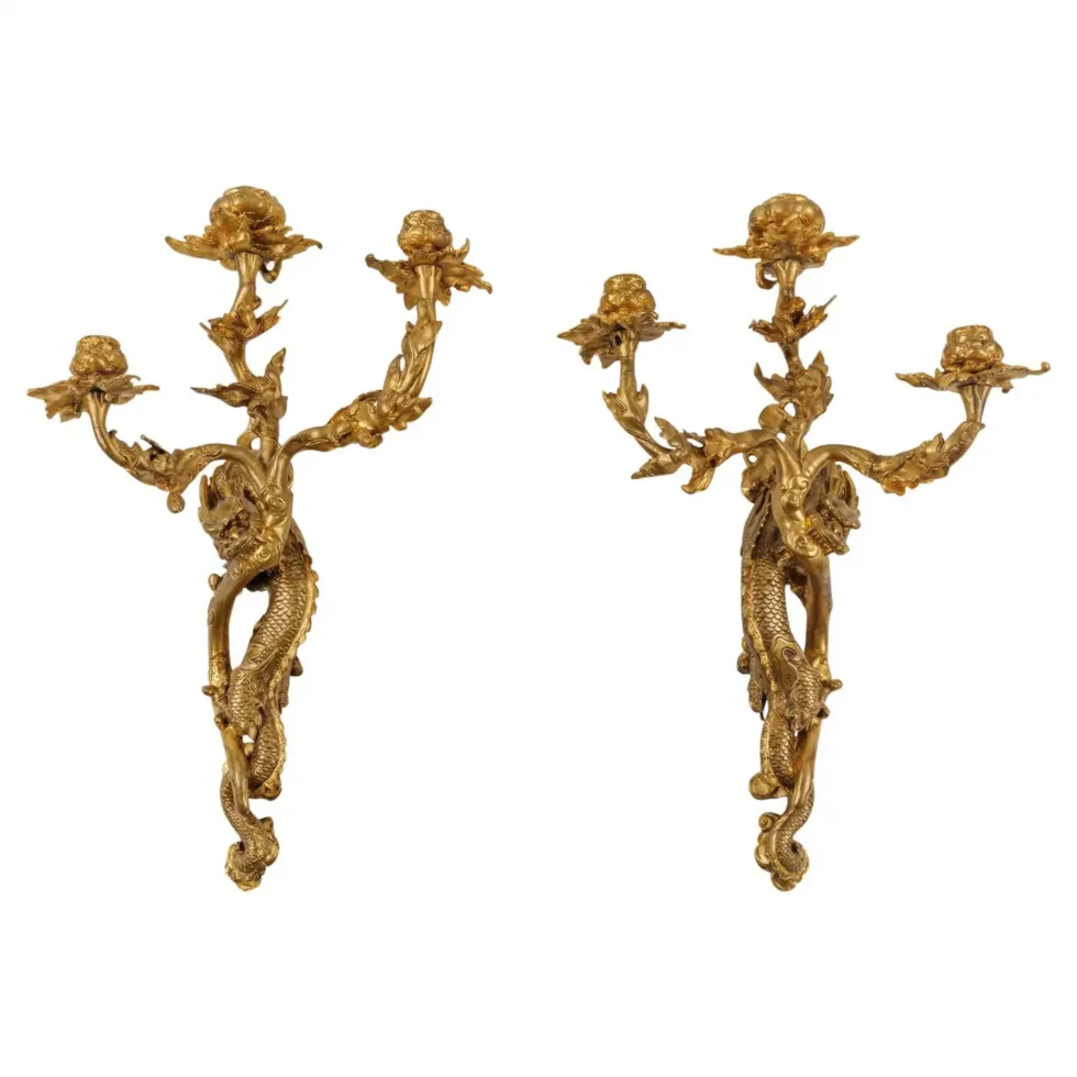 A Pair of French Japonisme Three-Light Dragon Bronze Wall Appliques, Lievre