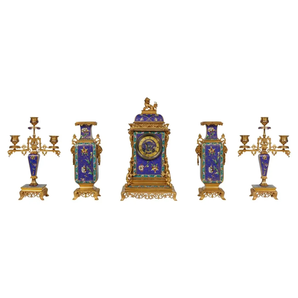 An Exceptional French Japonisme Ormolu and Champleve Enamel Five Piece Clock Set