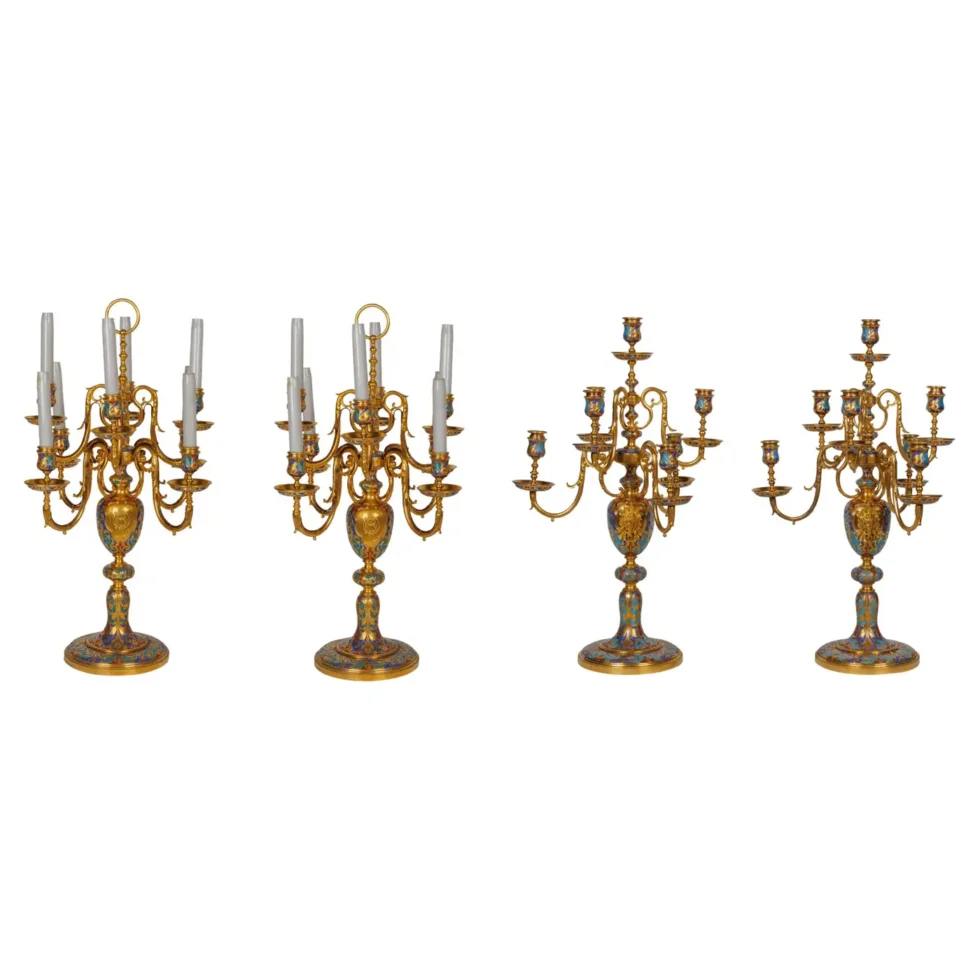 An Exceptional Suite of Champleve Enamel Ormolu Candelabra by Sevin, Barbedienne