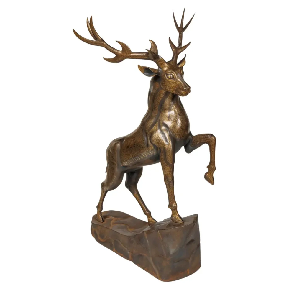 An Exceptional Life-Size Middle Eastern Gold-Inlaid Steel Deer Sculpture