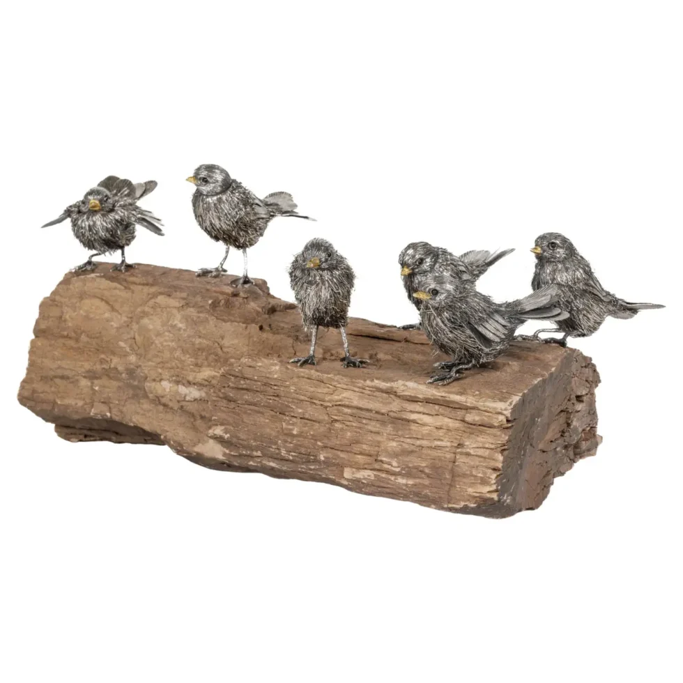 Adorable Family of Six Buccellati Sterling Silver Furry Chicks on Petrified Wood