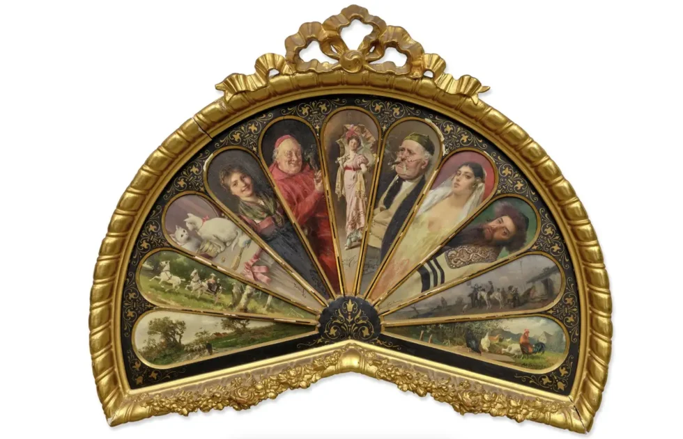 11 Oil Painting Panels in a Majestic Fan Shape, Featuring Isidor Kaufmann 19th Century