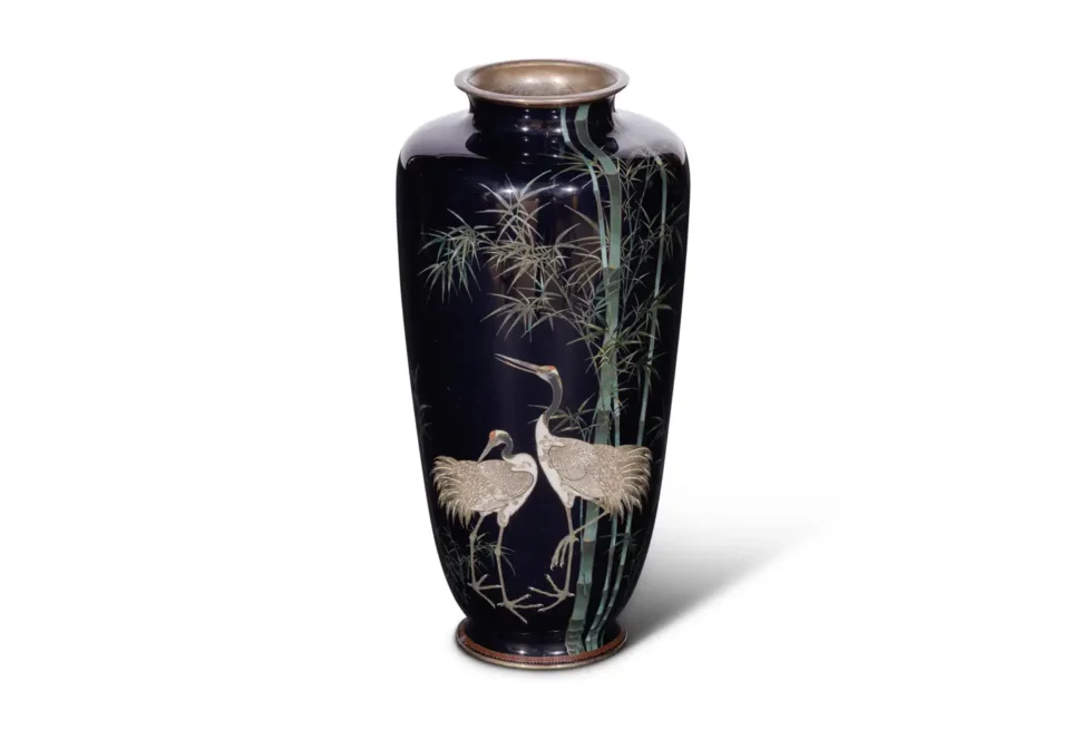 A Fine, Large Japanese Cloisonne Enamel Cobalt Blue Vase with Cranes, Hayashi - Image 3