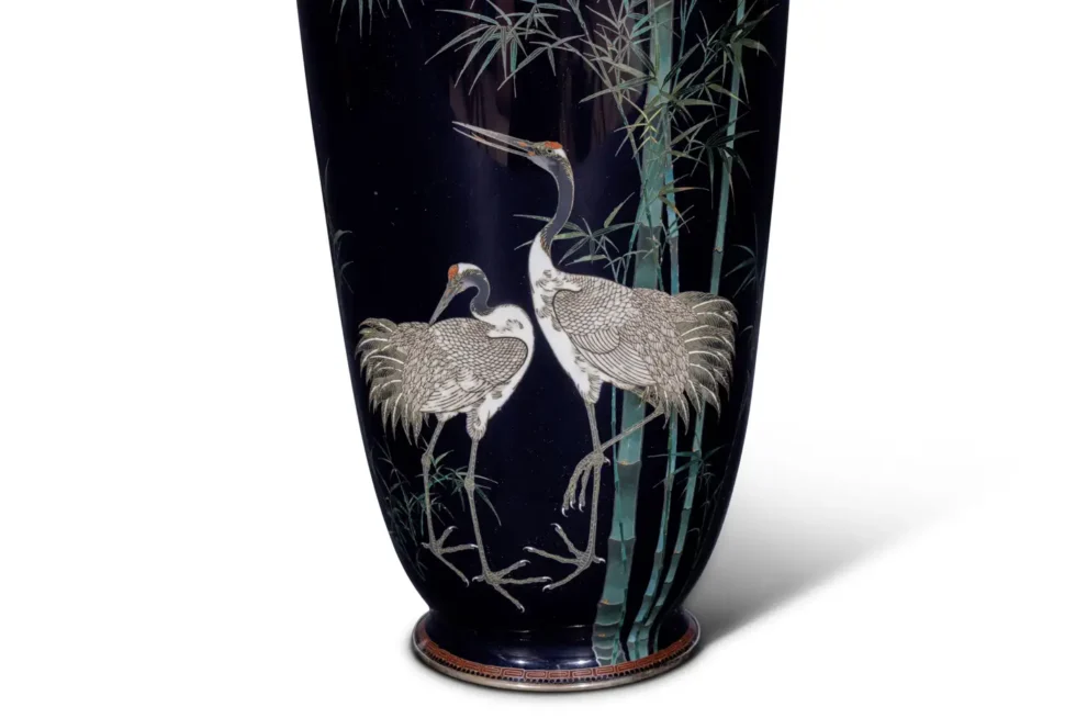 A Fine, Large Japanese Cloisonne Enamel Cobalt Blue Vase with Cranes, Hayashi - Image 4