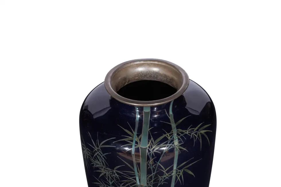 A Fine, Large Japanese Cloisonne Enamel Cobalt Blue Vase with Cranes, Hayashi - Image 6