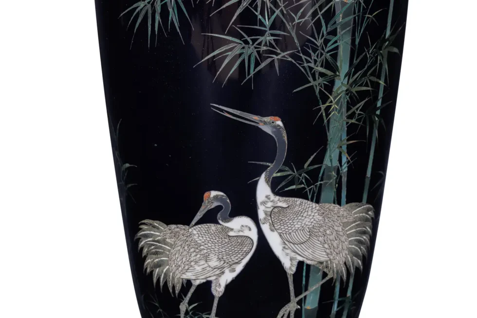 A Fine, Large Japanese Cloisonne Enamel Cobalt Blue Vase with Cranes, Hayashi - Image 7