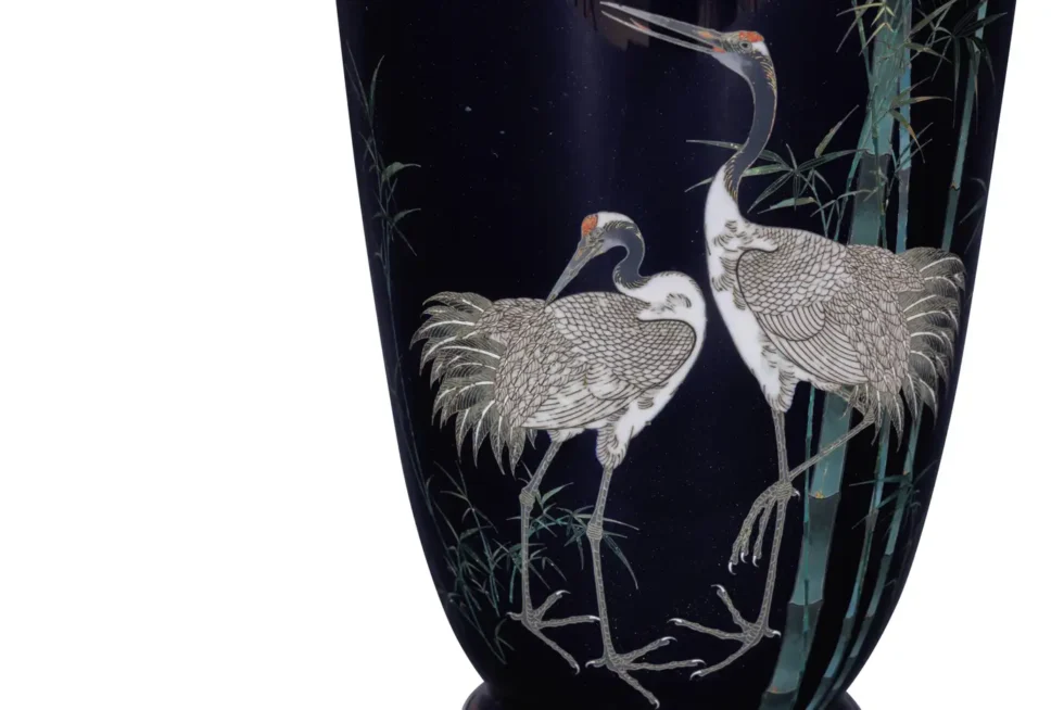 A Fine, Large Japanese Cloisonne Enamel Cobalt Blue Vase with Cranes, Hayashi - Image 8