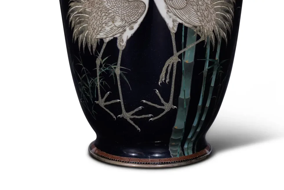 A Fine, Large Japanese Cloisonne Enamel Cobalt Blue Vase with Cranes, Hayashi - Image 9