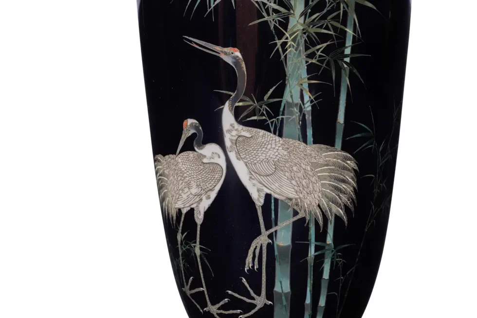 A Fine, Large Japanese Cloisonne Enamel Cobalt Blue Vase with Cranes, Hayashi - Image 10