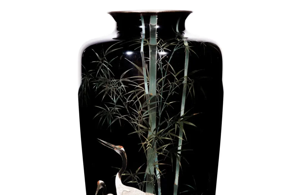 A Fine, Large Japanese Cloisonne Enamel Cobalt Blue Vase with Cranes, Hayashi - Image 11