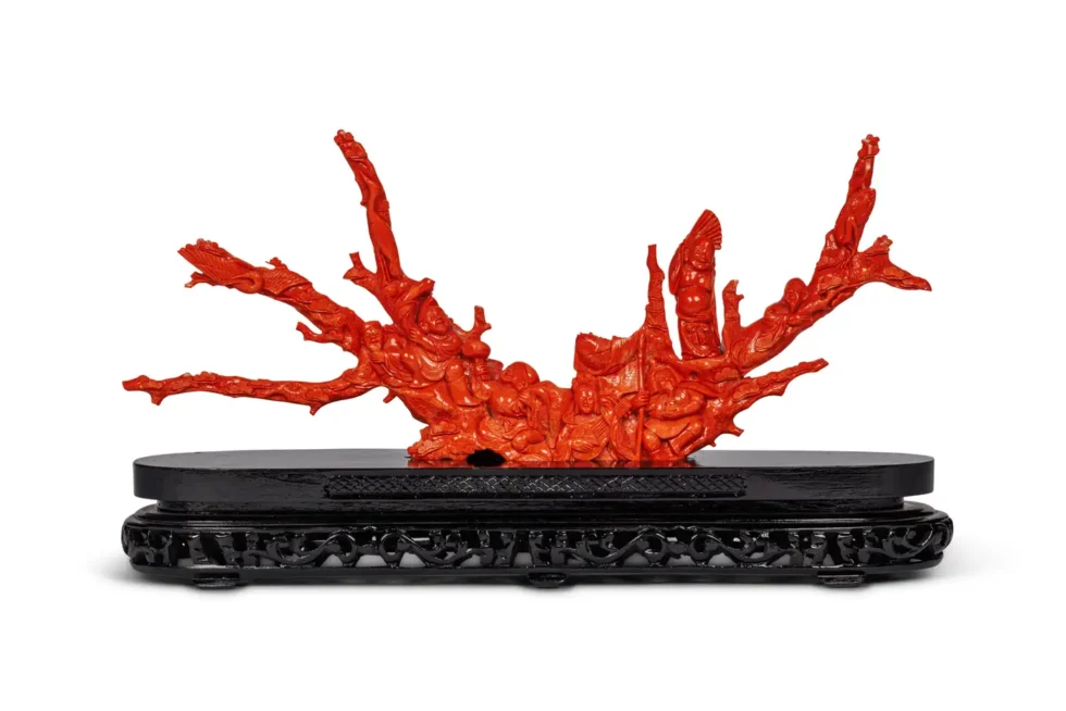 Magnificent, Large Chinese Carved Coral Figural Group, Seven Figures with Fish - Image 2