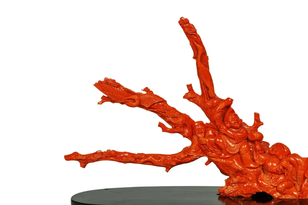 Magnificent, Large Chinese Carved Coral Figural Group, Seven Figures with Fish - Image 8