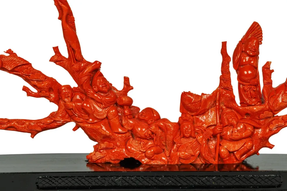 Magnificent, Large Chinese Carved Coral Figural Group, Seven Figures with Fish - Image 7